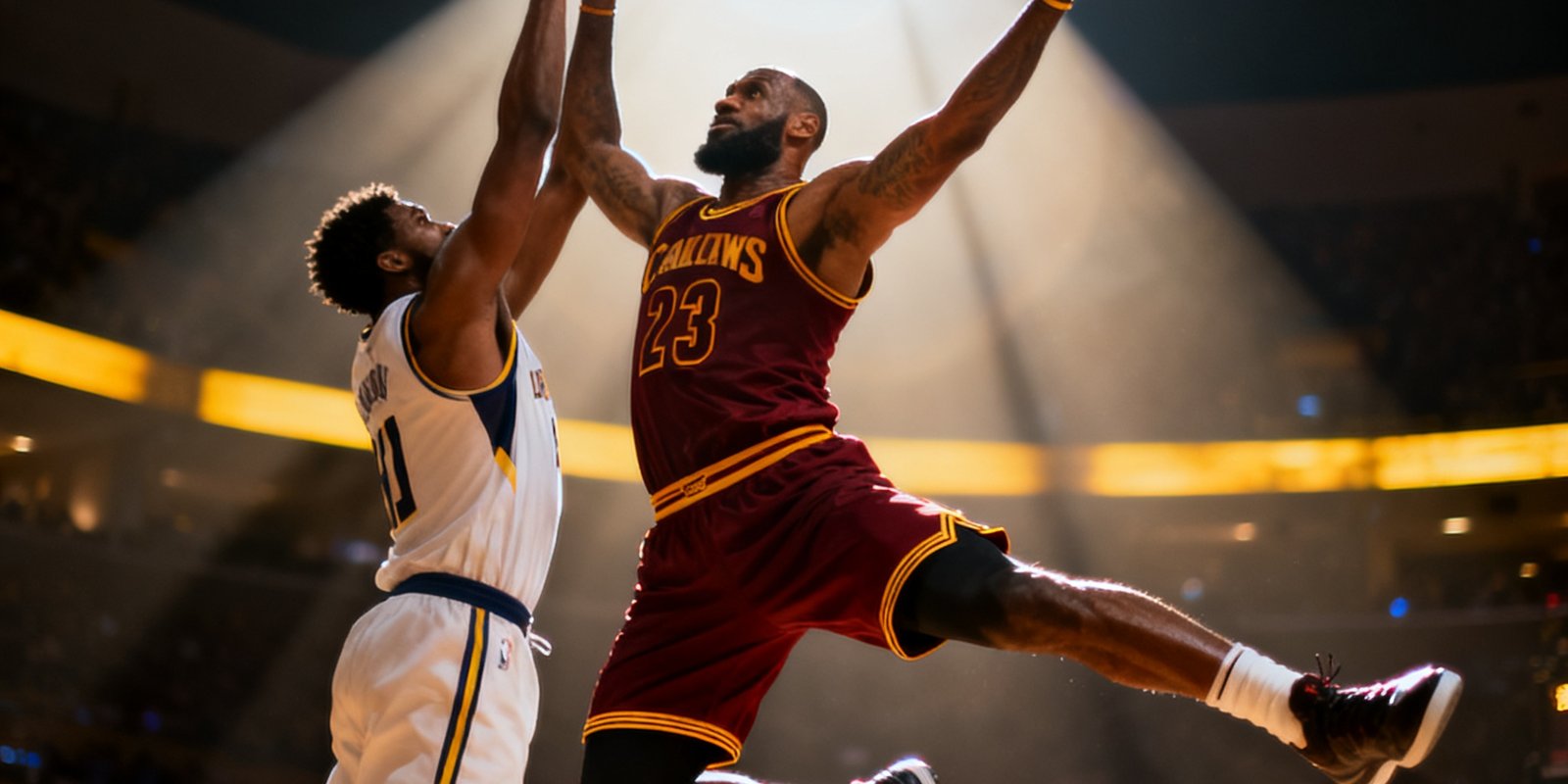 NBA比赛中勒布朗·詹姆斯飞身单手战斧扣篮的精彩瞬间，防守球员高高跃起试图封盖，球馆聚光灯闪耀全场